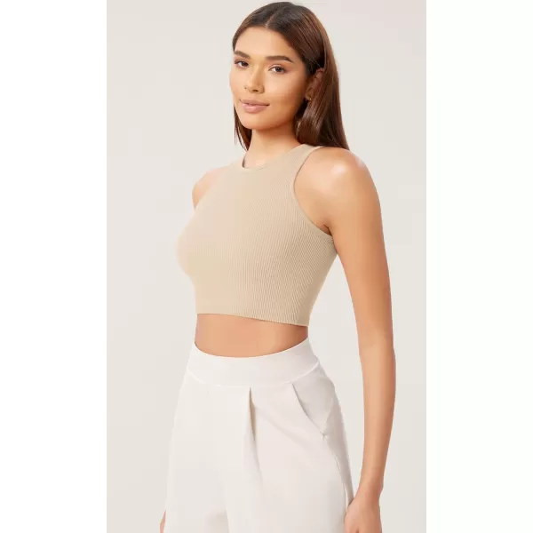 ODODOS 3Pack Seamless Crop Tank for Women Ribbed Soft High Neck Cropped TopsBeigecoralteal