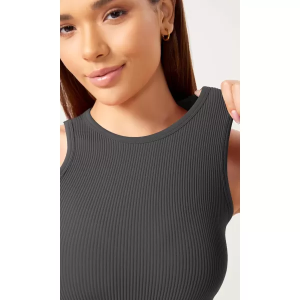 ODODOS 3Pack Seamless Crop Tank for Women Ribbed Soft High Neck Cropped TopsCharcoaldusty Bluebark