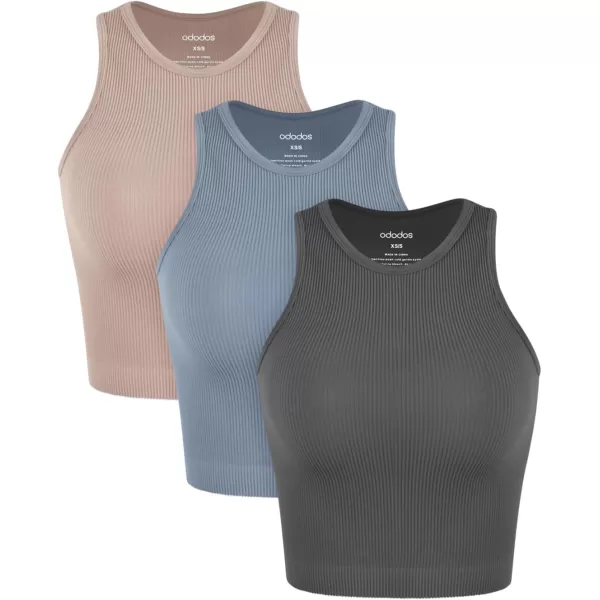 ODODOS 3Pack Seamless Crop Tank for Women Ribbed Soft High Neck Cropped TopsCharcoaldusty Bluebark