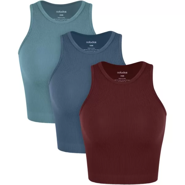 ODODOS 3Pack Seamless Crop Tank for Women Ribbed Soft High Neck Cropped TopsClaretoceansky Blue