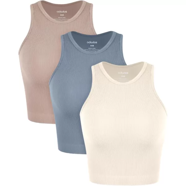 ODODOS 3Pack Seamless Crop Tank for Women Ribbed Soft High Neck Cropped TopsIvorydusty Bluesphinx