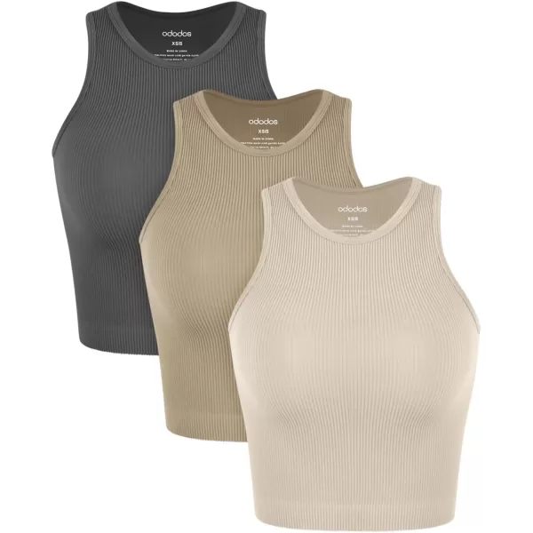 ODODOS 3Pack Seamless Crop Tank for Women Ribbed Soft High Neck Cropped TopsMushroomtaupecharcoal