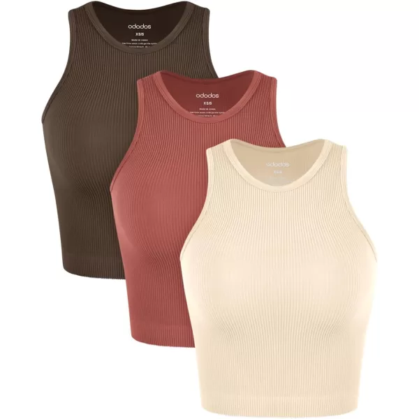 ODODOS 3Pack Seamless Crop Tank for Women Ribbed Soft High Neck Cropped TopsOatmealbarn Redbrunette