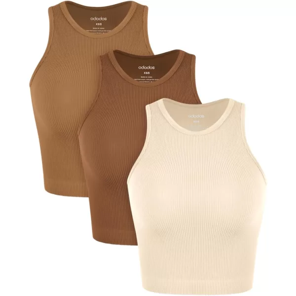 ODODOS 3Pack Seamless Crop Tank for Women Ribbed Soft High Neck Cropped TopsOchreclayoatmeal