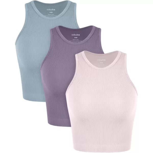 ODODOS 3Pack Seamless Crop Tank for Women Ribbed Soft High Neck Cropped TopsPink Lacevioleticeberg