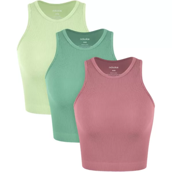 ODODOS 3Pack Seamless Crop Tank for Women Ribbed Soft High Neck Cropped TopsWatermelonemeraldmint