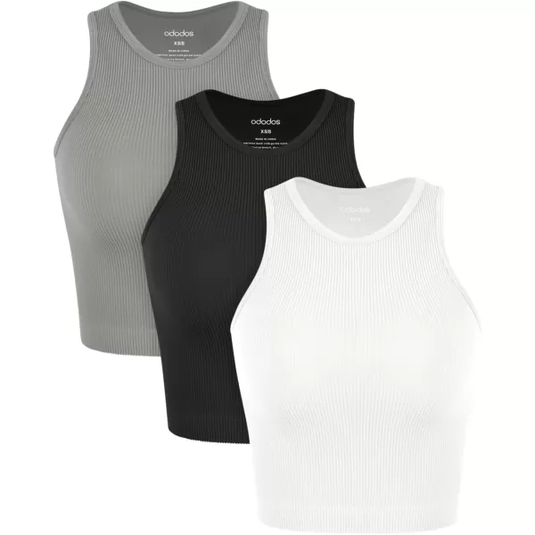 ODODOS 3Pack Seamless Crop Tank for Women Ribbed Soft High Neck Cropped TopsWhiteblackgray