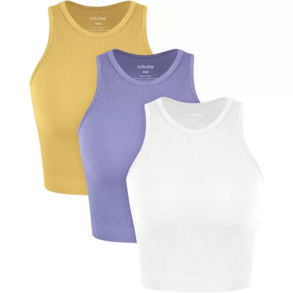 ODODOS 3Pack Seamless Crop Tank for Women Ribbed Soft High Neck Cropped TopsWhitepurpleyellow