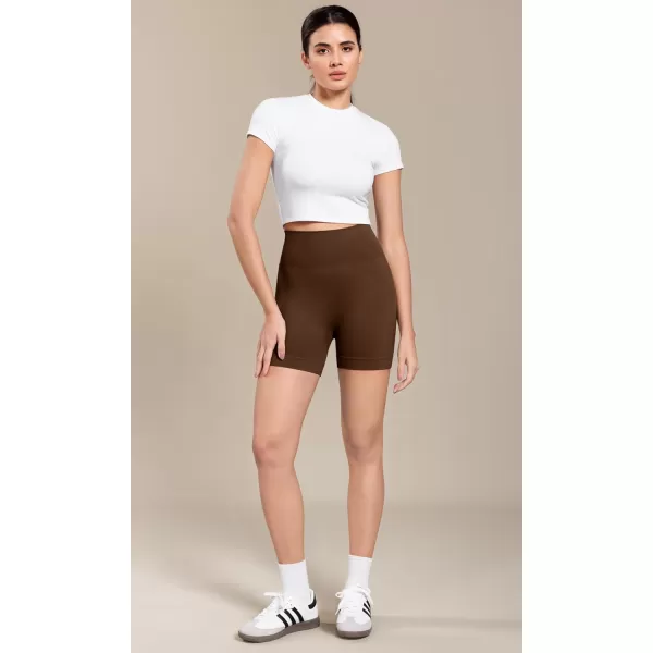 ODODOS Seamless Biker Shorts for Women 5quot Inseam Ribbed High Waisted Running Yoga ShortsDark Brown