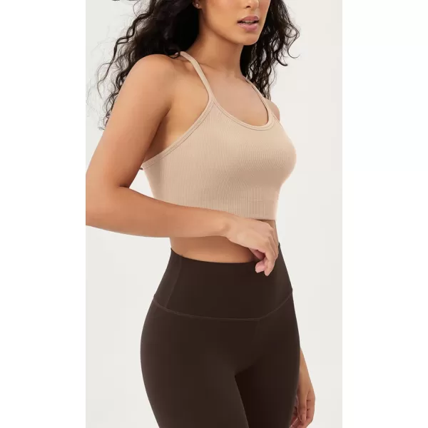 ODODOS Seamless Racerback Sports Bra for Women Ribbed Camisoles Non Padding Yoga Bra Crop Tank TopsBeige