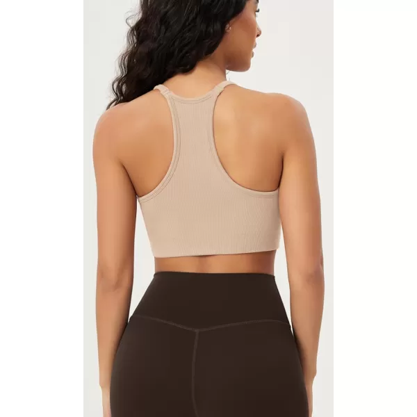 ODODOS Seamless Racerback Sports Bra for Women Ribbed Camisoles Non Padding Yoga Bra Crop Tank TopsBeige