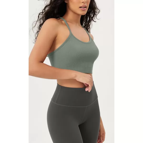 ODODOS Seamless Racerback Sports Bra for Women Ribbed Camisoles Non Padding Yoga Bra Crop Tank TopsClovegreen Milieuclay