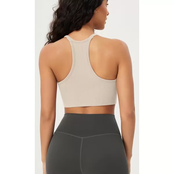 ODODOS Seamless Racerback Sports Bra for Women Ribbed Camisoles Non Padding Yoga Bra Crop Tank TopsIvorystar Whiteermine