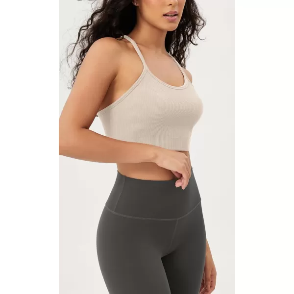 ODODOS Seamless Racerback Sports Bra for Women Ribbed Camisoles Non Padding Yoga Bra Crop Tank TopsIvorystar Whiteermine