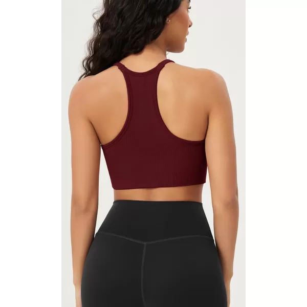 ODODOS Seamless Racerback Sports Bra for Women Ribbed Camisoles Non Padding Yoga Bra Crop Tank TopsMushroomclaretbrunette