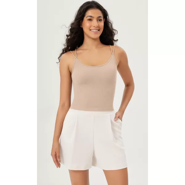 ODODOS Womens Crop Seamless Double Straps Cropped Tank Tops V Back Ribbed CamisoleBeigecoralteal