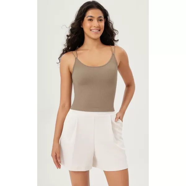 ODODOS Womens Crop Seamless Double Straps Cropped Tank Tops V Back Ribbed CamisoleTaupe