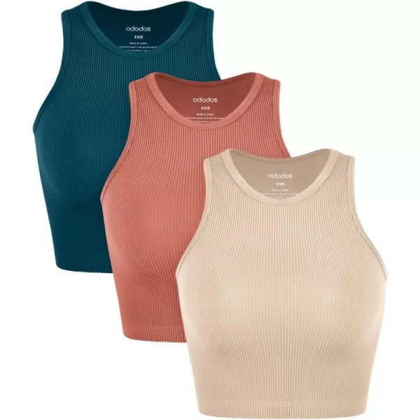 ODODOS 3Pack Seamless Crop Tank for Women Ribbed Soft High Neck Cropped TopsBeigecoralteal