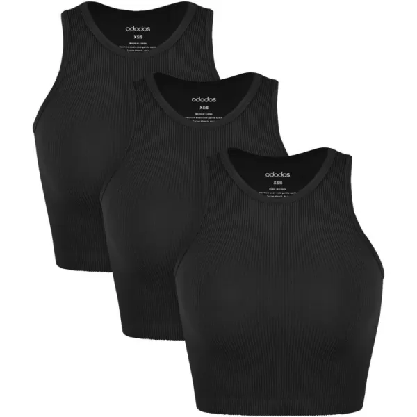 ODODOS 3Pack Seamless Crop Tank for Women Ribbed Soft High Neck Cropped TopsBlackblackblack