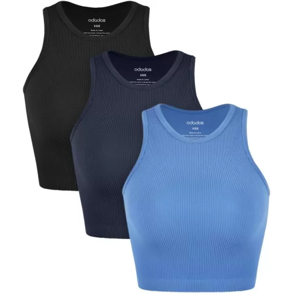 ODODOS 3Pack Seamless Crop Tank for Women Ribbed Soft High Neck Cropped TopsBlacknavyblue