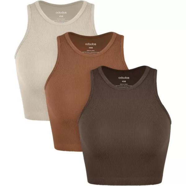 ODODOS 3Pack Seamless Crop Tank for Women Ribbed Soft High Neck Cropped TopsBrunetteclaymushroom