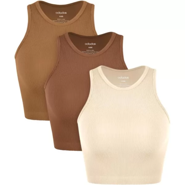 ODODOS 3Pack Seamless Crop Tank for Women Ribbed Soft High Neck Cropped TopsOchreclayoatmeal