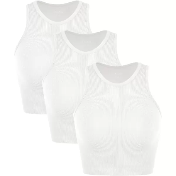 ODODOS 3Pack Seamless Crop Tank for Women Ribbed Soft High Neck Cropped TopsWhitewhitewhite