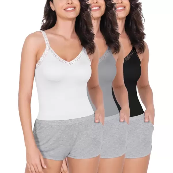 ODODOS Lace Trim Seamless Top for Women Ribbed Soft V Neck Cami Tank TopsWhitegrayblack