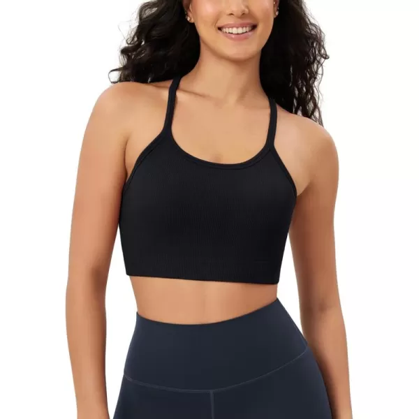 ODODOS Seamless Racerback Sports Bra for Women Ribbed Camisoles Non Padding Yoga Bra Crop Tank TopsBlack