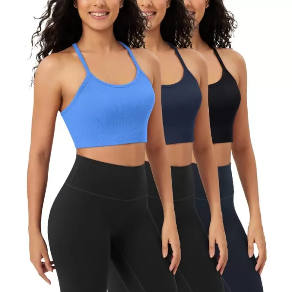 ODODOS Seamless Racerback Sports Bra for Women Ribbed Camisoles Non Padding Yoga Bra Crop Tank TopsBlacknavyblue