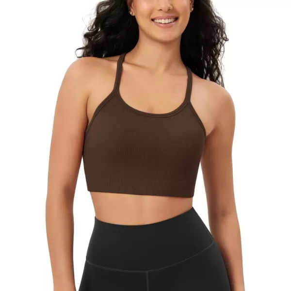 ODODOS Seamless Racerback Sports Bra for Women Ribbed Camisoles Non Padding Yoga Bra Crop Tank TopsBrunette