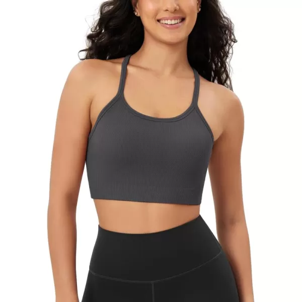 ODODOS Seamless Racerback Sports Bra for Women Ribbed Camisoles Non Padding Yoga Bra Crop Tank TopsCharcoal