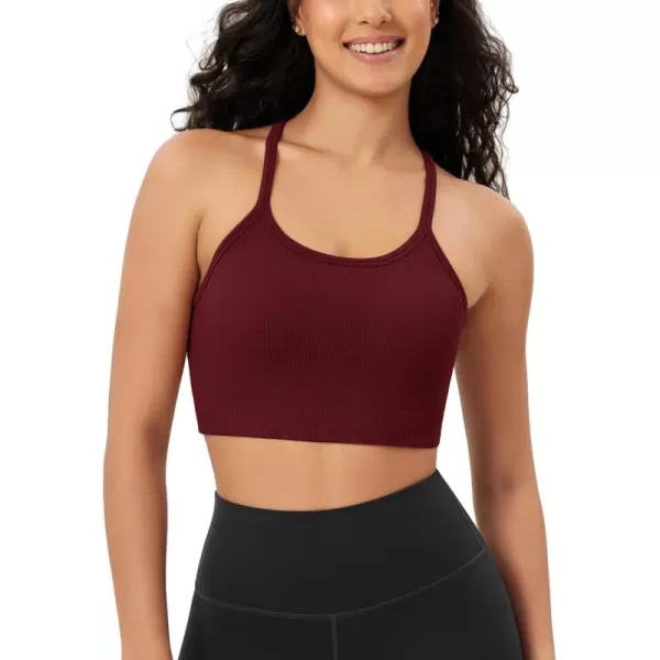 ODODOS Seamless Racerback Sports Bra for Women Ribbed Camisoles Non Padding Yoga Bra Crop Tank TopsClaret