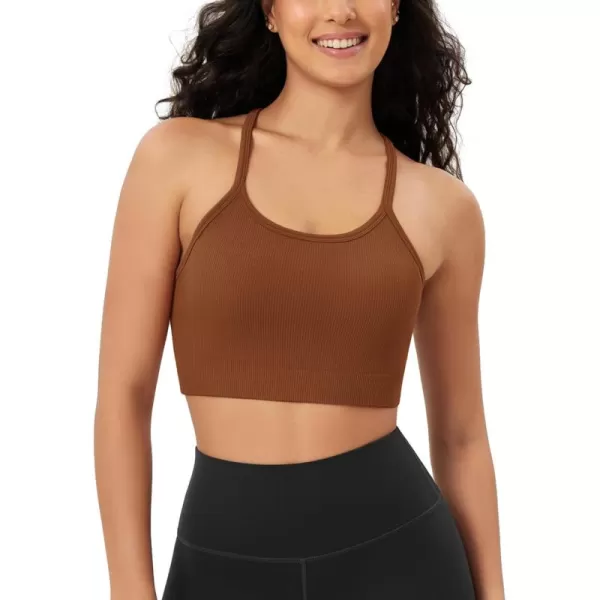 ODODOS Seamless Racerback Sports Bra for Women Ribbed Camisoles Non Padding Yoga Bra Crop Tank TopsClay