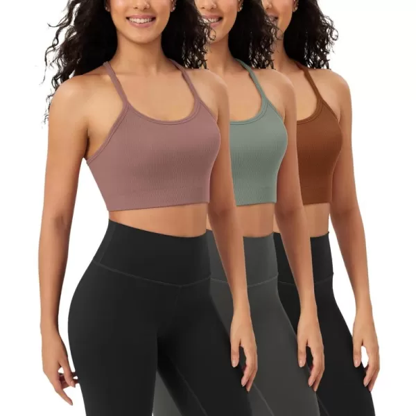 ODODOS Seamless Racerback Sports Bra for Women Ribbed Camisoles Non Padding Yoga Bra Crop Tank TopsClovegreen Milieuclay