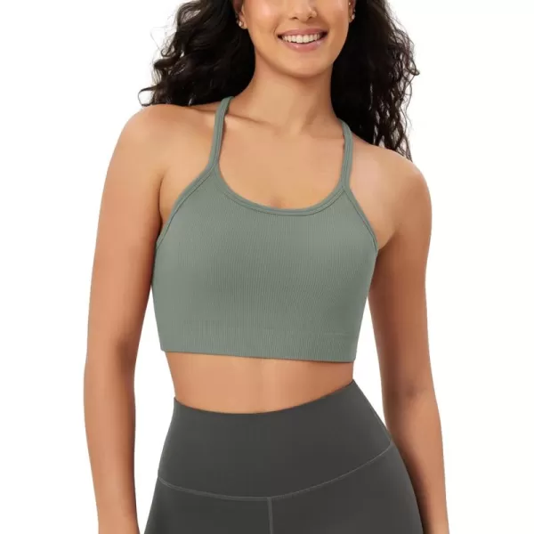 ODODOS Seamless Racerback Sports Bra for Women Ribbed Camisoles Non Padding Yoga Bra Crop Tank TopsGreen Milieu