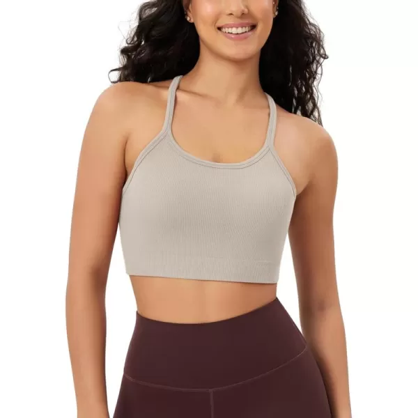 ODODOS Seamless Racerback Sports Bra for Women Ribbed Camisoles Non Padding Yoga Bra Crop Tank TopsMushroom