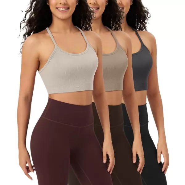 ODODOS Seamless Racerback Sports Bra for Women Ribbed Camisoles Non Padding Yoga Bra Crop Tank TopsMushroomtaupecharcoal