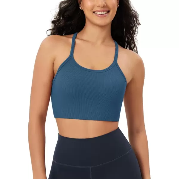 ODODOS Seamless Racerback Sports Bra for Women Ribbed Camisoles Non Padding Yoga Bra Crop Tank TopsOcean