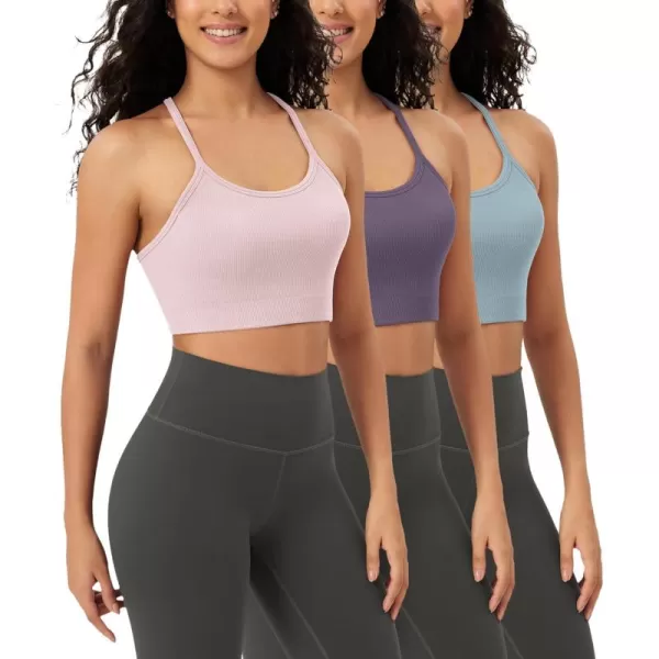 ODODOS Seamless Racerback Sports Bra for Women Ribbed Camisoles Non Padding Yoga Bra Crop Tank TopsPink Lacevioleticeberg