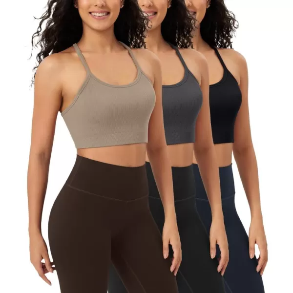 ODODOS Seamless Racerback Sports Bra for Women Ribbed Camisoles Non Padding Yoga Bra Crop Tank TopsTaupeblackcharcoal