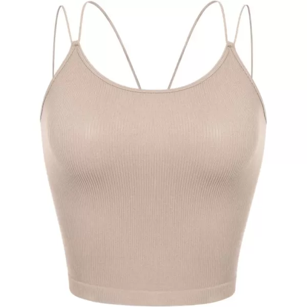 ODODOS Womens Crop Seamless Double Straps Cropped Tank Tops V Back Ribbed CamisoleBeige