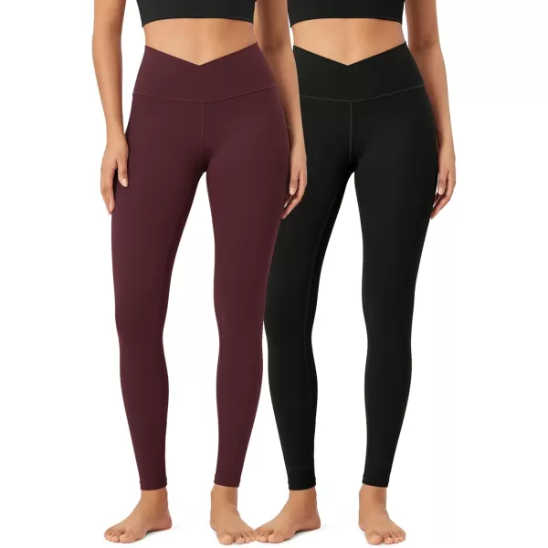 ODODOS 2 Pack Buttery Soft Cross Waist Leggings for Women ODCLOUD 25quot  28quot Crossover Lounge Yoga PantsBlackburgundy