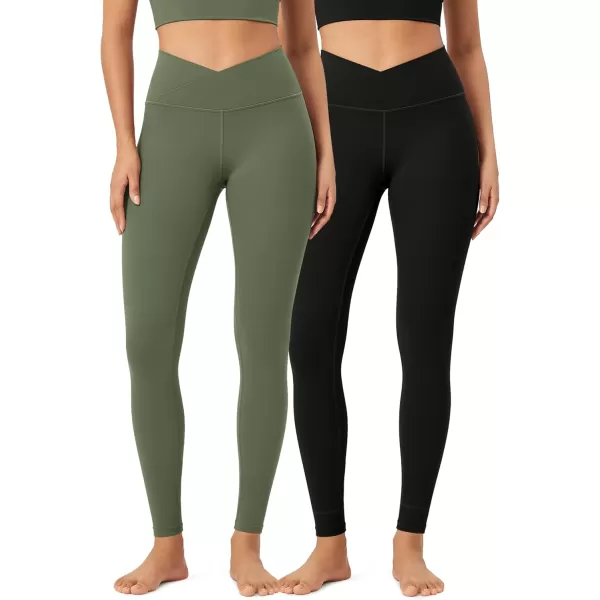 ODODOS 2 Pack Buttery Soft Cross Waist Leggings for Women ODCLOUD 25quot  28quot Crossover Lounge Yoga PantsBlackdark Olive