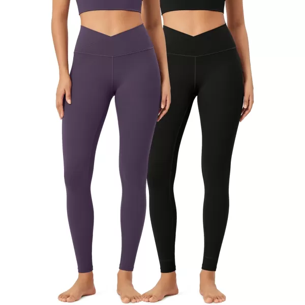 ODODOS 2 Pack Buttery Soft Cross Waist Leggings for Women ODCLOUD 25quot  28quot Crossover Lounge Yoga PantsBlackdark Purple