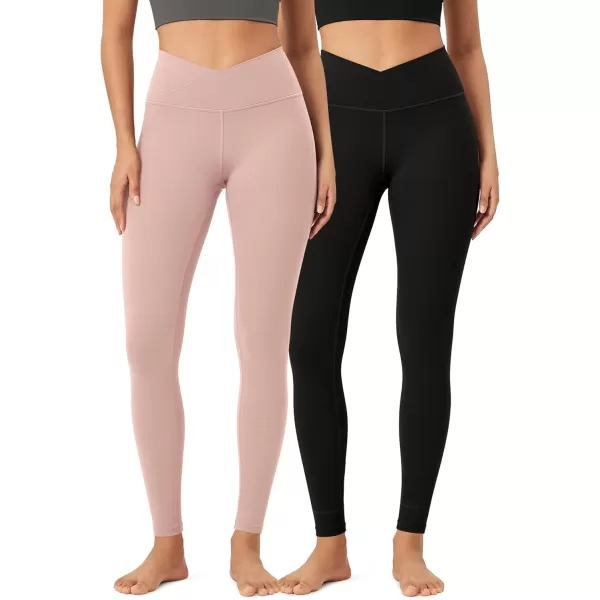 ODODOS 2 Pack Buttery Soft Cross Waist Leggings for Women ODCLOUD 25quot  28quot Crossover Lounge Yoga PantsBlackdusty Pink