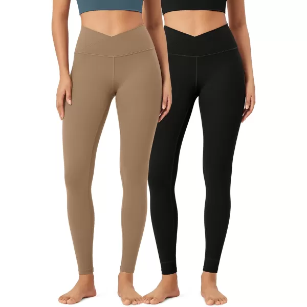 ODODOS 2 Pack Buttery Soft Cross Waist Leggings for Women ODCLOUD 25quot  28quot Crossover Lounge Yoga PantsBlacklight Brown