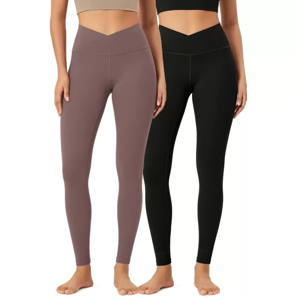 ODODOS 2 Pack Buttery Soft Cross Waist Leggings for Women ODCLOUD 25quot  28quot Crossover Lounge Yoga PantsBlackpurple Taupe