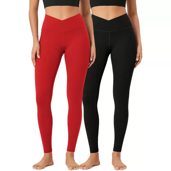 ODODOS 2 Pack Buttery Soft Cross Waist Leggings for Women ODCLOUD 25quot  28quot Crossover Lounge Yoga PantsBlackred