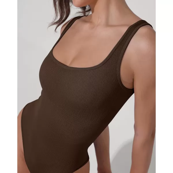 ODODOS 2 Pack Seamless Bodysuit for Women Ribbed Tank Top Sexy Sleeveless BodysuitsBrunette1 Pack Wide Strap